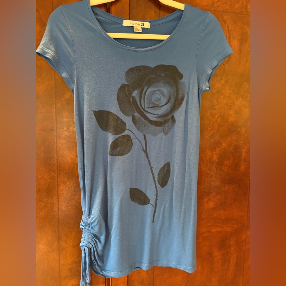Forever 21 Blue Top with Black Rose Design